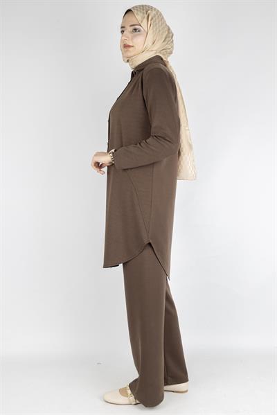 Arkası Uzun Oval Kesim Tunikli Pantolon Tesettür Takım Kahve OTW594