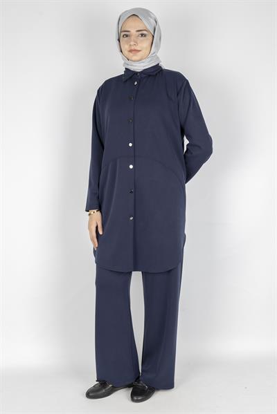 Arkası Uzun Oval Kesim Tunikli Pantolon Tesettür Takım Lacivert OTW594