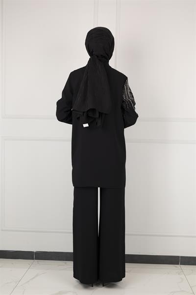 ARMİNE TAŞ DETAYLI ARMİNE PANTOLONLU TAKIM Siyah OTW602