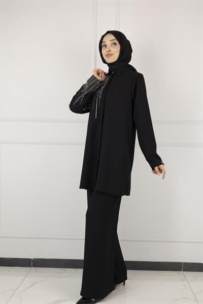 ARMİNE TAŞ DETAYLI ARMİNE PANTOLONLU TAKIM Siyah OTW602