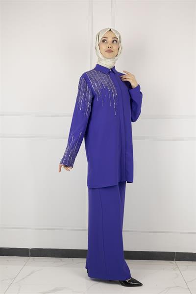 ARMİNE TAŞ DETAYLI ARMİNE PANTOLONLU TAKIM Morcivert OTW602