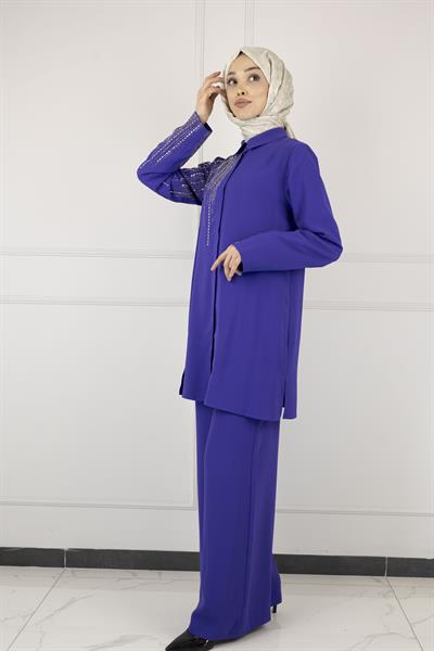 ARMİNE TAŞ DETAYLI ARMİNE PANTOLONLU TAKIM Morcivert OTW602