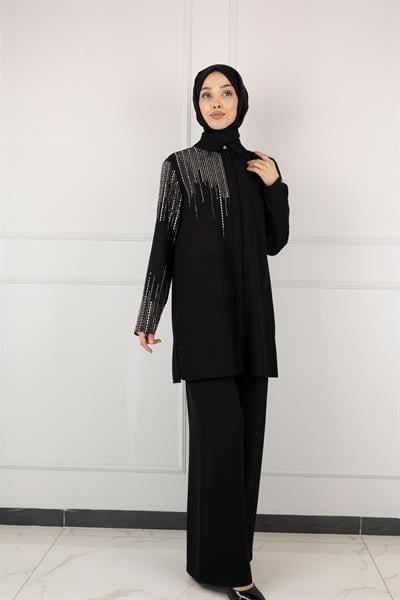 ARMİNE TAŞ DETAYLI ARMİNE PANTOLONLU TAKIM Siyah OTW602