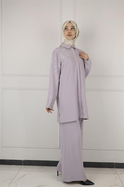 ARMİNE TAŞ DETAYLI ARMİNE PANTOLONLU TAKIM Lila OTW602