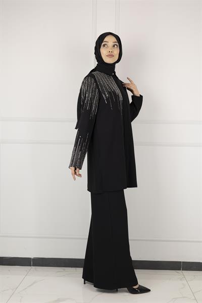 ARMİNE TAŞ DETAYLI ARMİNE PANTOLONLU TAKIM Siyah OTW602