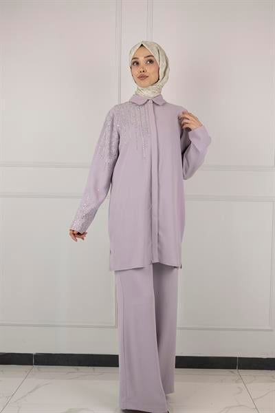 ARMİNE TAŞ DETAYLI ARMİNE PANTOLONLU TAKIM Lila OTW602