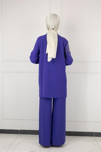 ARMİNE TAŞ DETAYLI ARMİNE PANTOLONLU TAKIM Morcivert OTW602