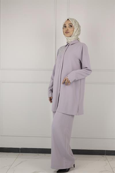 ARMİNE TAŞ DETAYLI ARMİNE PANTOLONLU TAKIM Lila OTW602