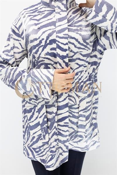 Armine Trend Beyoğlu Taş Detaylı Zebra Desenli Saten Ceket  Lacivert OTW533