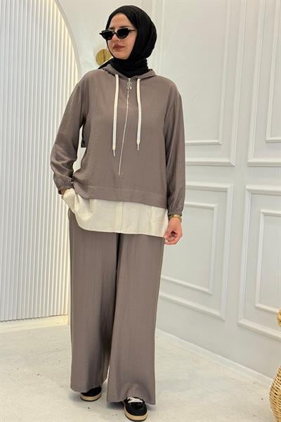 Armine Trend Fermuarlı Kapüşonlu Tesettür Takım Duman Gri OTW6146