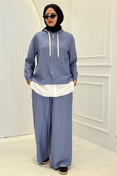 Armine Trend Fermuarlı Kapüşonlu Tesettür Takım İndigo OTW6146