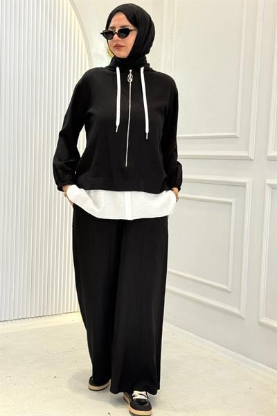 Armine Trend Fermuarlı Kapüşonlu Tesettür Takım Siyah OTW6146