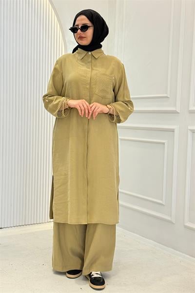 Armine Trend File Detaylı Gömlek Tunik Yağ Yeşili OTW458