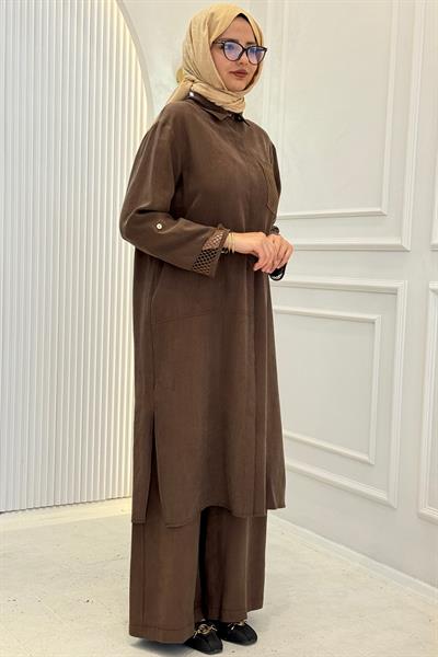 Armine Trend File Detaylı Gömlek Tunik Kahve OTW458