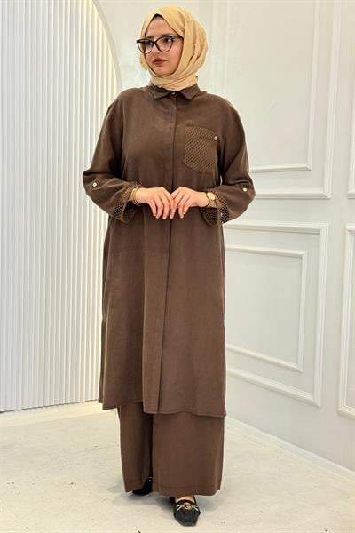 Armine Trend File Detaylı Gömlek Tunik Kahve OTW458