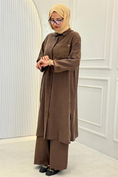 Armine Trend File Detaylı Gömlek Tunik Kahve OTW458