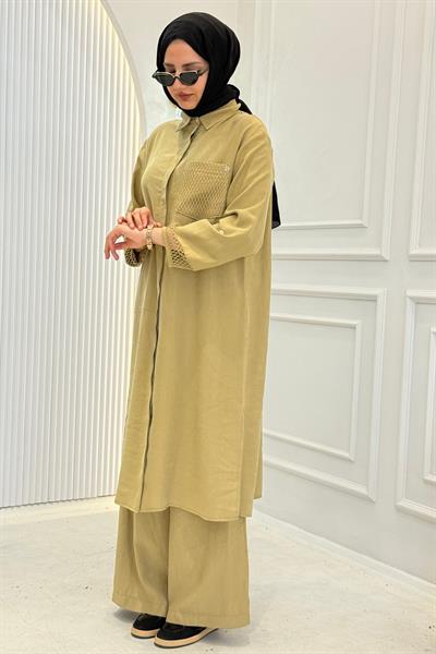 Armine Trend File Detaylı Gömlek Tunik Yağ Yeşili OTW458