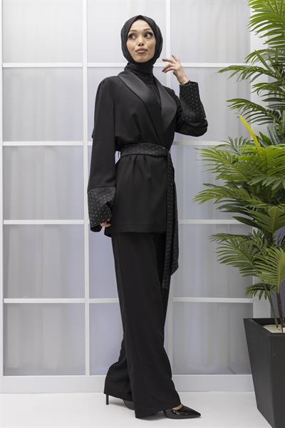 Armine Trend Kimonolu Şık Takım Siyah OTW607