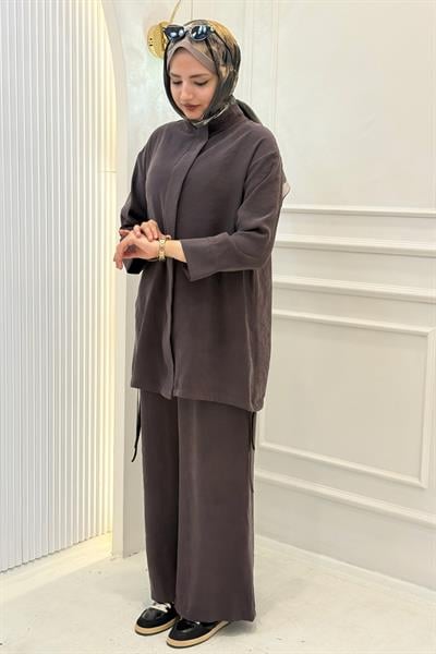 Armine Trend Sırt Detaylı Beli Lastikli Pantolonlu Takım Bitter OTW659