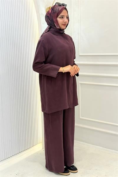 Armine Trend Sırt Detaylı Beli Lastikli Pantolonlu Takım Bordo OTW659