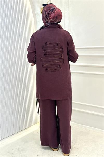 Armine Trend Sırt Detaylı Beli Lastikli Pantolonlu Takım Bordo OTW659
