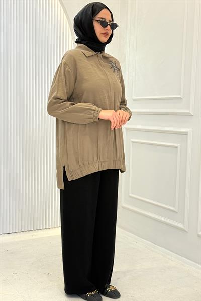 Armine Trend Taş Detaylı Tesettür Gömlek Tunik Yağ Yeşili OTW405
