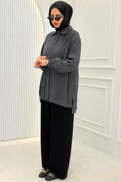 Armine Trend Taş Detaylı Tesettür Gömlek Tunik Antrasit OTW405