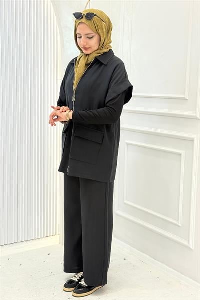 Armine Trend Yelekli Pantolonlu Tesettür Takım Siyah OTW6217