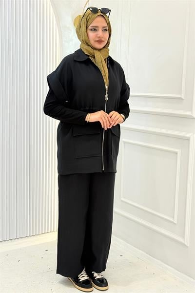 Armine Trend Yelekli Pantolonlu Tesettür Takım Siyah OTW6217