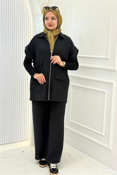 Armine Trend Yelekli Pantolonlu Tesettür Takım Siyah OTW6217