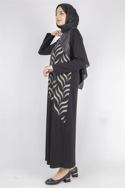 Asimetrik Dalga Desenli Siyah Tesettür Elbise Siyah OTW1744
