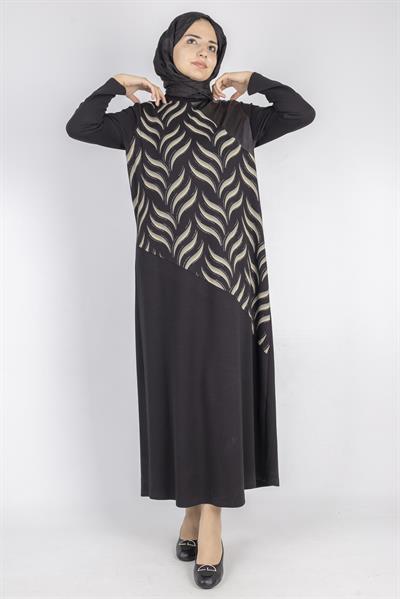 Asimetrik Dalga Desenli Siyah Tesettür Elbise Siyah OTW1744