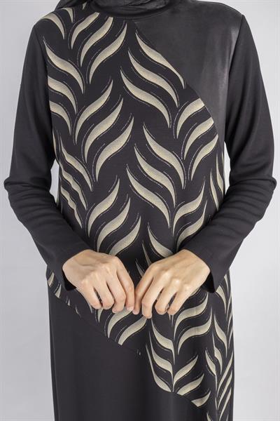 Asimetrik Dalga Desenli Siyah Tesettür Elbise Siyah OTW1744