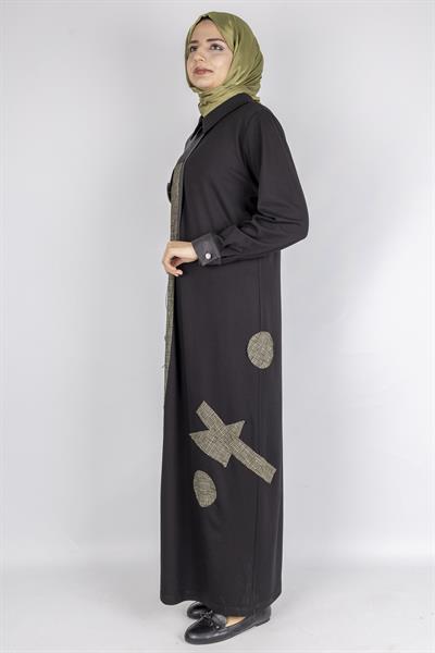 Asimetrik Desenli Tesettür Elbise Haki OTW2072