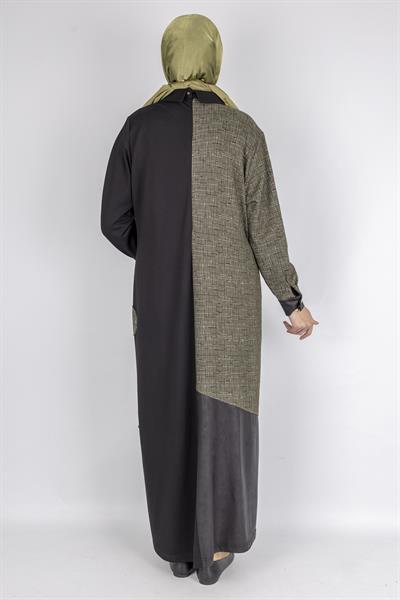 Asimetrik Desenli Tesettür Elbise Haki OTW2072