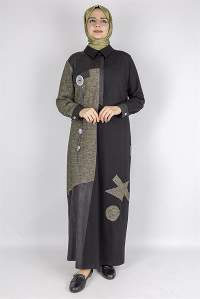 Asimetrik Desenli Tesettür Elbise Haki OTW2072
