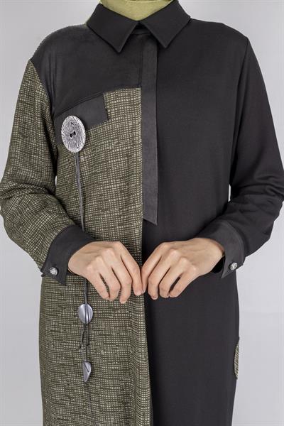 Asimetrik Desenli Tesettür Elbise Haki OTW2072