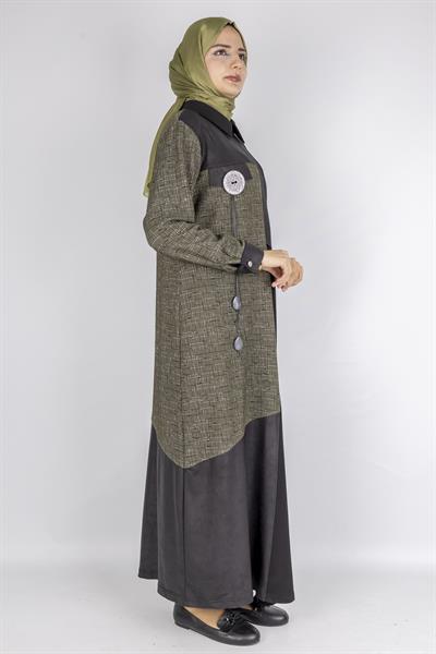 Asimetrik Desenli Tesettür Elbise Haki OTW2072