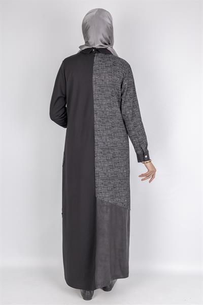 Asimetrik Desenli Tesettür Elbise Siyah OTW2072