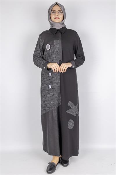 Asimetrik Desenli Tesettür Elbise Siyah OTW2072