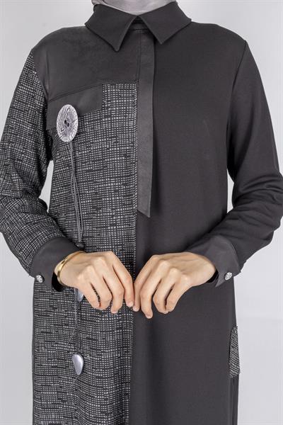 Asimetrik Desenli Tesettür Elbise Siyah OTW2072