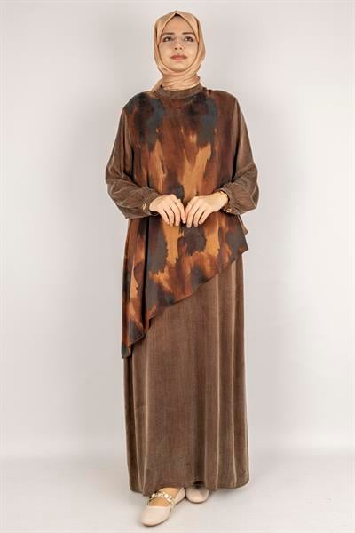 Asimetrik Detaylı İpek Qupra Elbise Kahve OTW2067