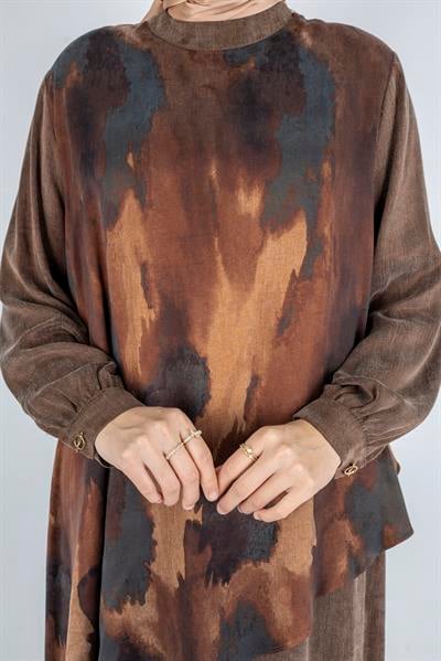 Asimetrik Detaylı İpek Qupra Elbise Kahve OTW2067