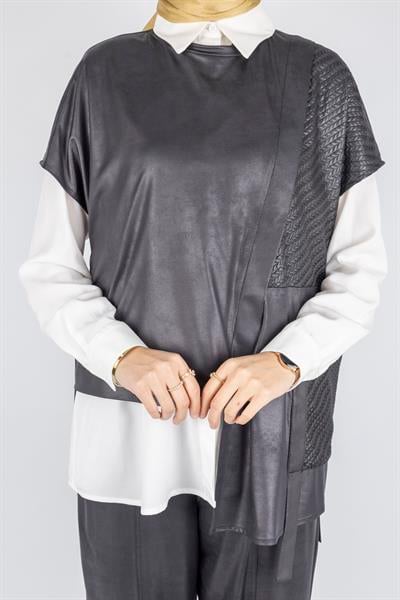 Asimetrik Kesim Deri Üçlü Takım Siyah OTW25630