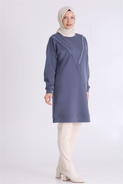 Behrem Asimetrik Kesim Taş Süslemeli Tunik Duman Mavi OTW20128