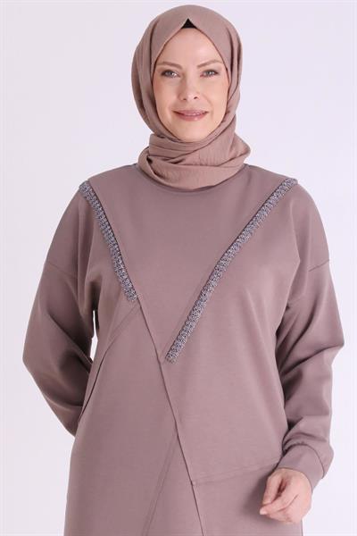 Behrem Asimetrik Kesim Taş Süslemeli Tunik Kestane OTW20128