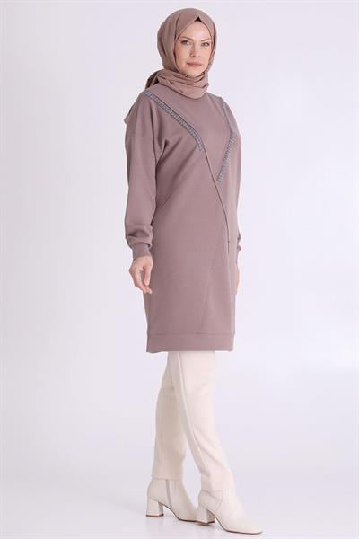 Asimetrik Kesim Taş Süslemeli Tunik Kestane OTW20128