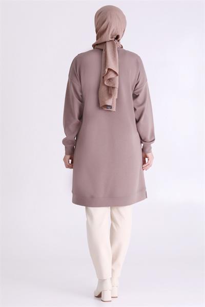 Asimetrik Kesim Taş Süslemeli Tunik Kestane OTW20128