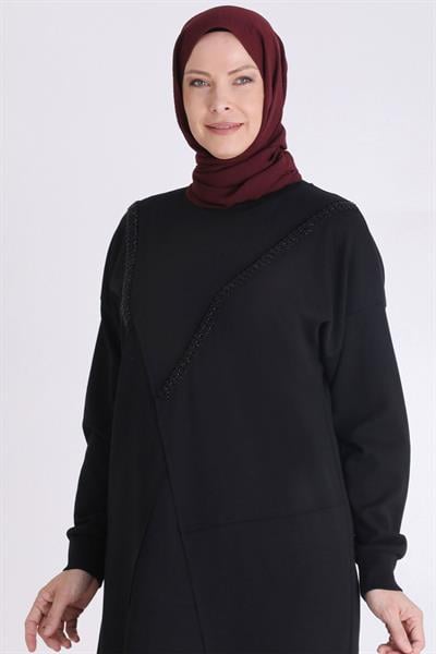 Asimetrik Kesim Taş Süslemeli Tunik Siyah OTW20128