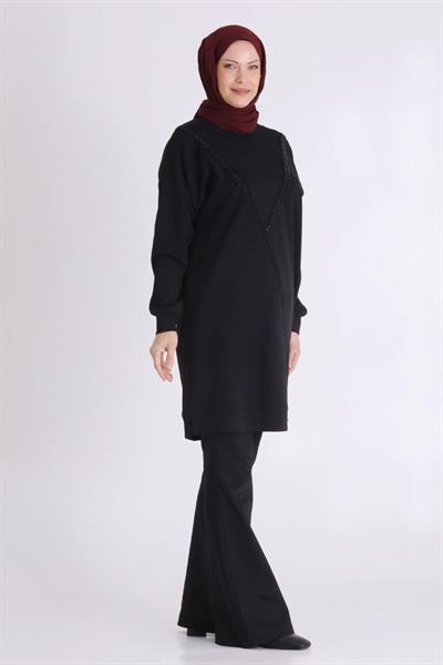 Asimetrik Kesim Taş Süslemeli Tunik Siyah OTW20128